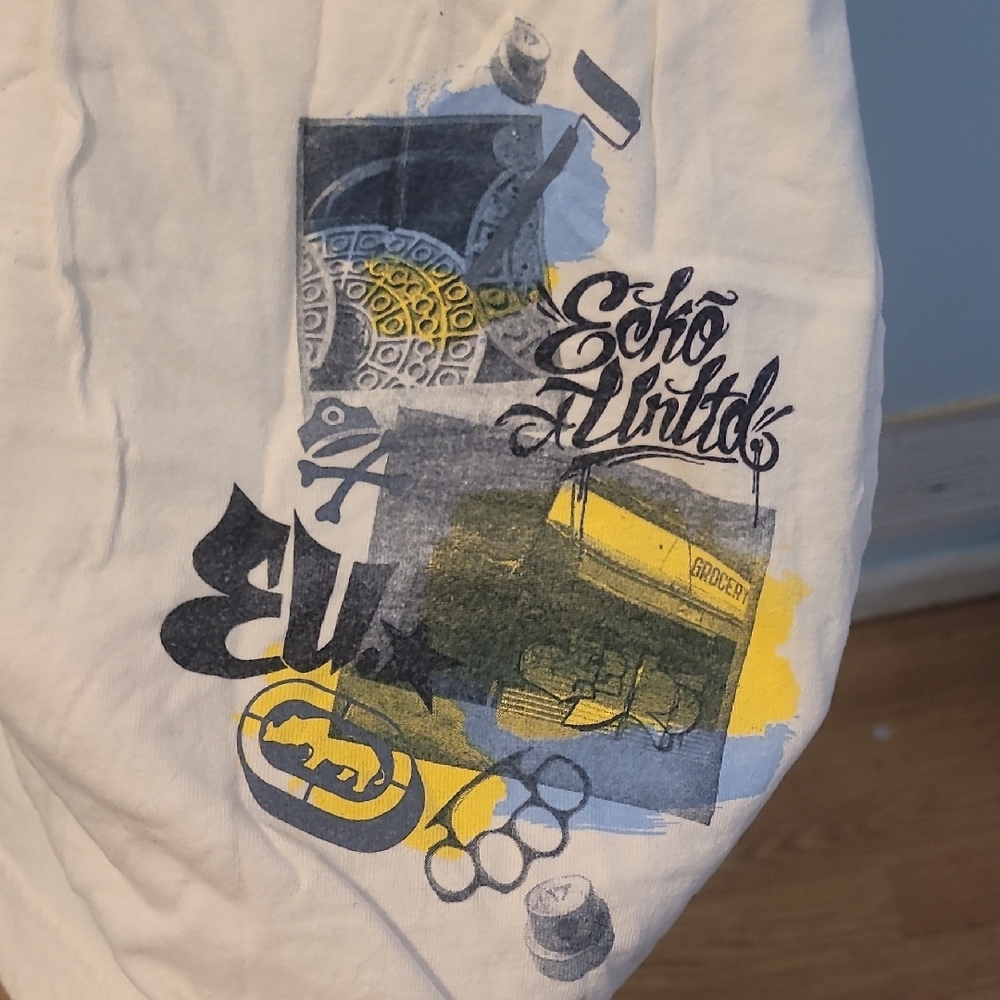 Y2K Ecko Unltd White Graphic Tee with Yellow and Blue Accents - Picture 3 of 6